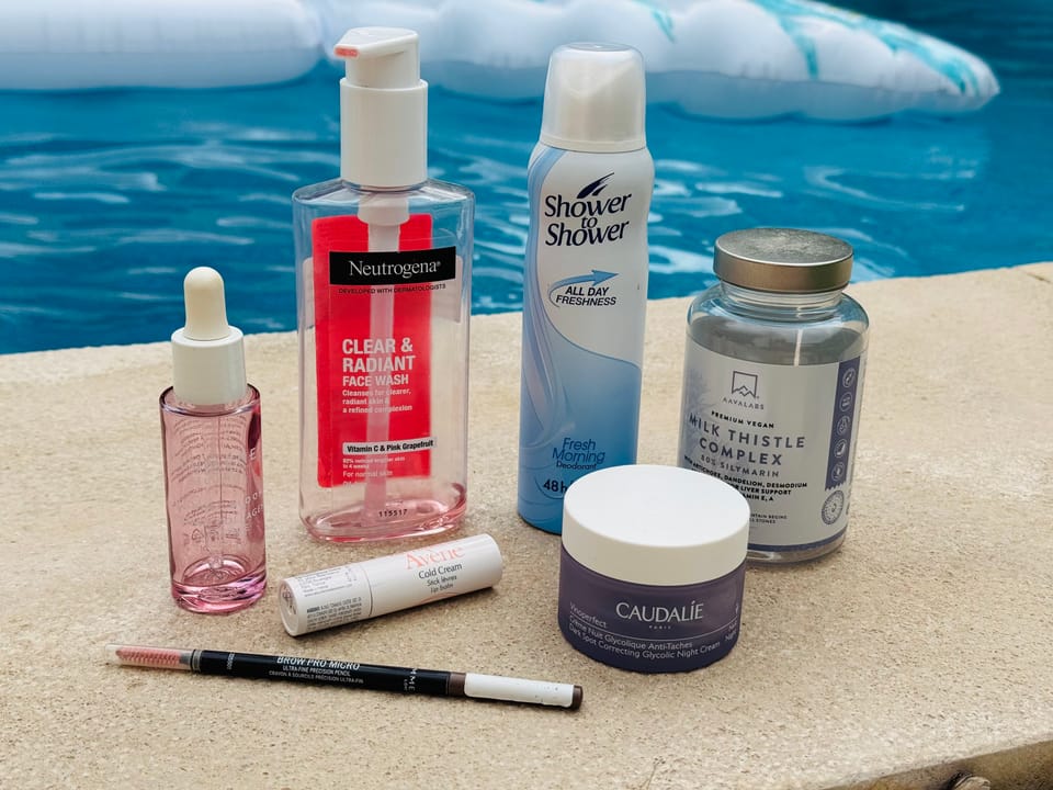 Neutrogena Face Wash | Aavalabs Milk Thistle | Lumene Vegan Serum | Avene Lip Balm | Rimmel Micro Brow Pencil | Caudalie Vinoperfect 